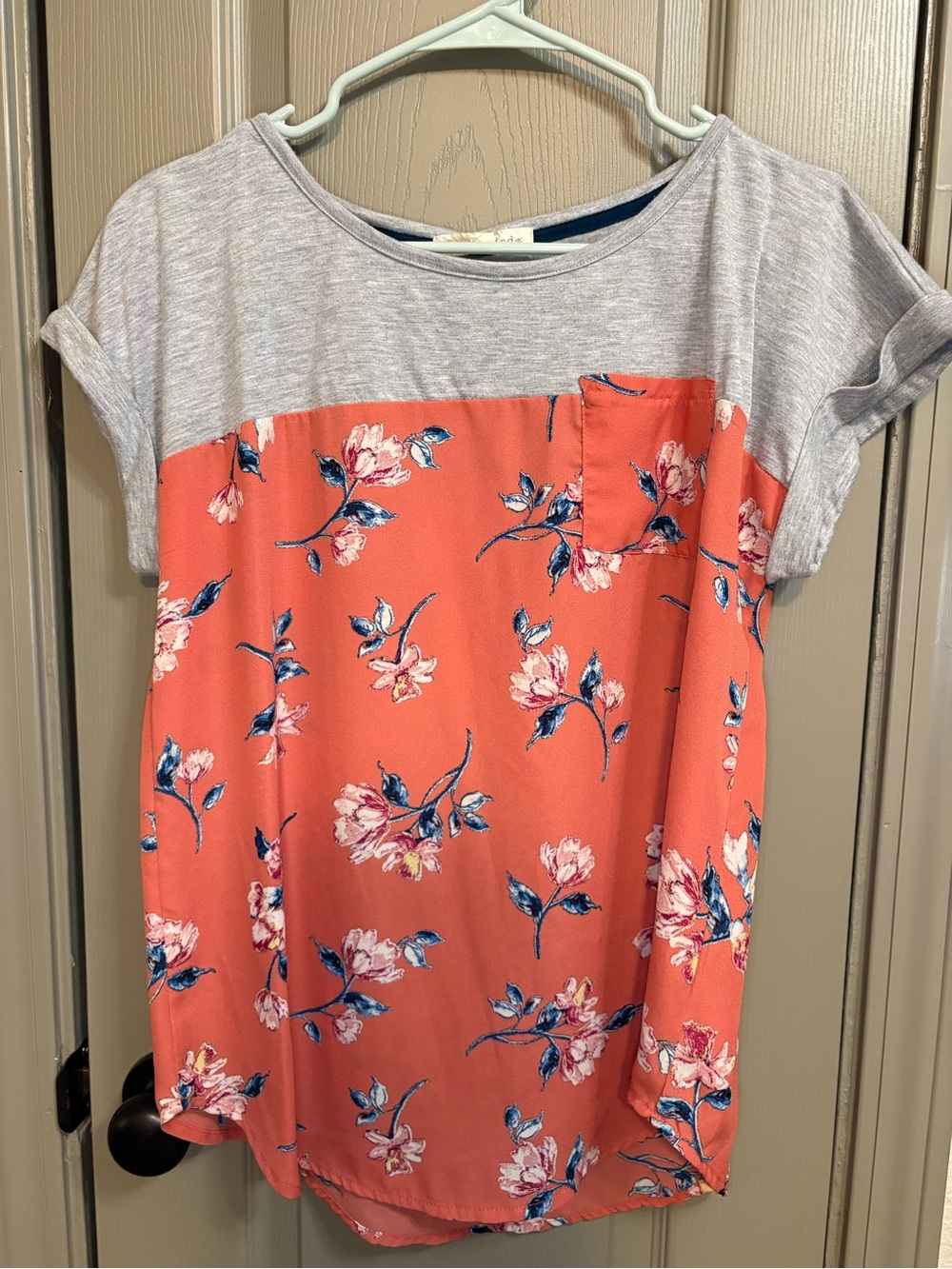 Rewind Coral Floral Mixed-Media Short Sleeve Top